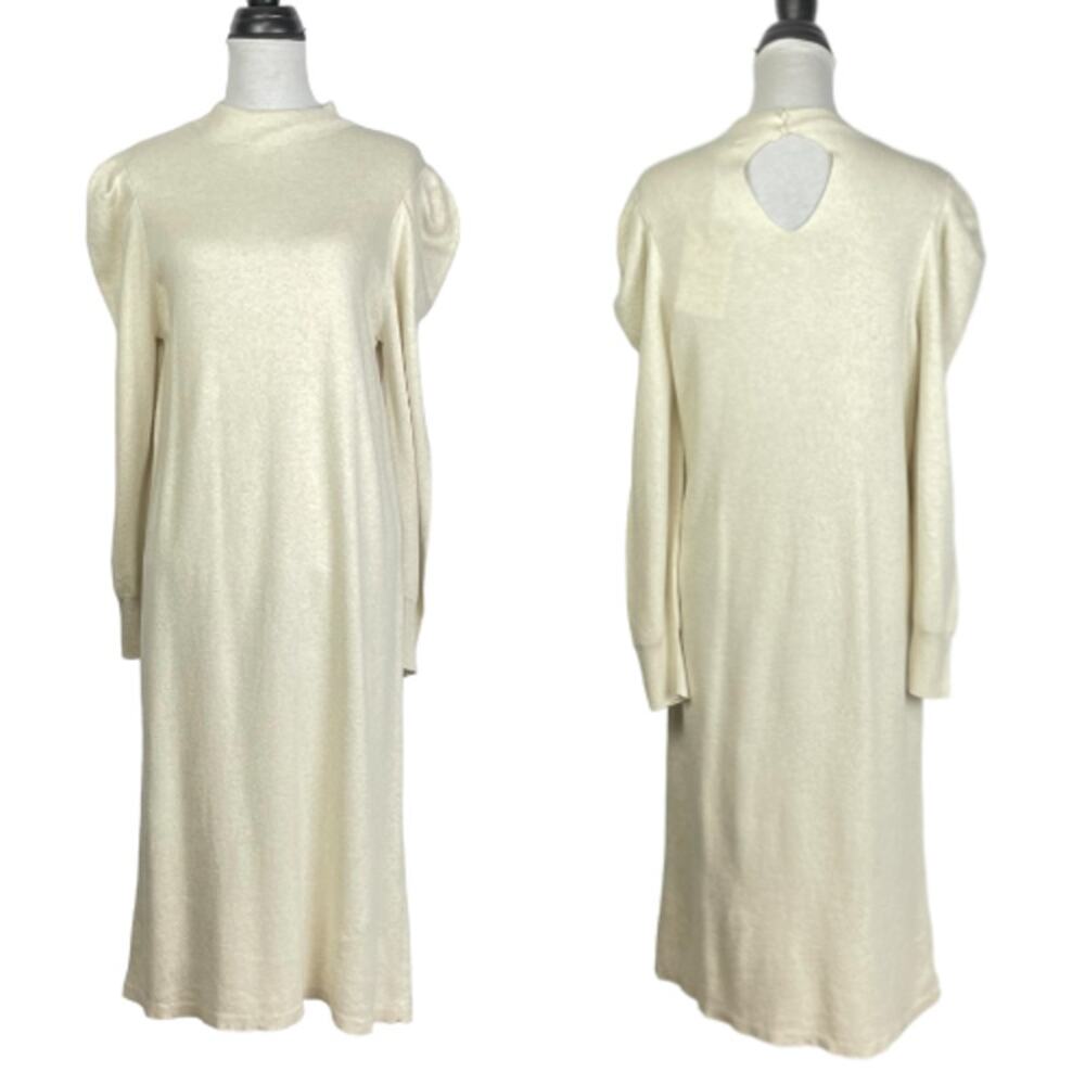 Who What Wear | NWT Birch Cream Mock Neck Puff Long Sleeve Midi Sweater Dress